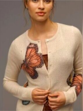 Anthropologie Juliet Cashmere Cardigan with Orange Butterfly Embroidery